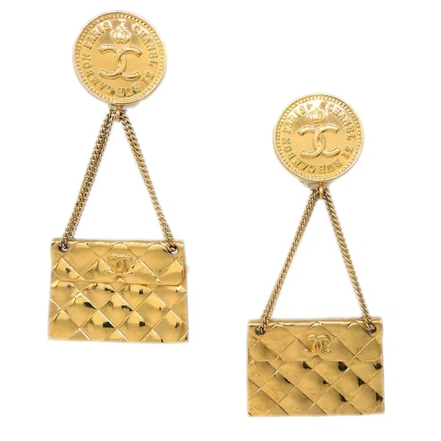Chanel Gold Bag Dangle Earrings Clip-On in Gold from AMORE Vintage Tokyo