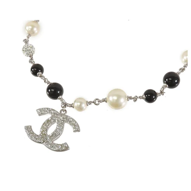 Chanel CC Logo Necklace Silver Black Costume Pearl Rhinestone Metal in Black from The Reluxe