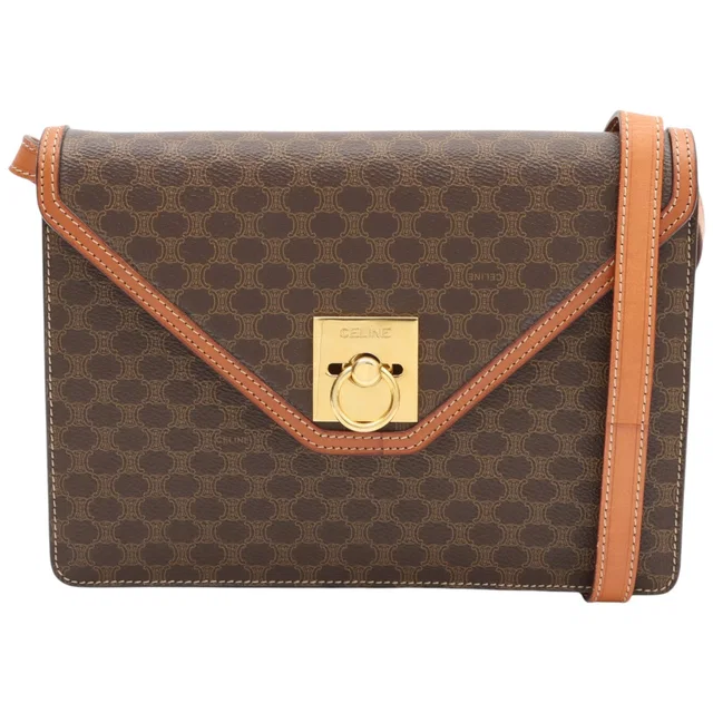 Celine Macadam Pattern Logo Plate Shoulder Bag Brown in Brown from VINTAGE QOO TOKYO