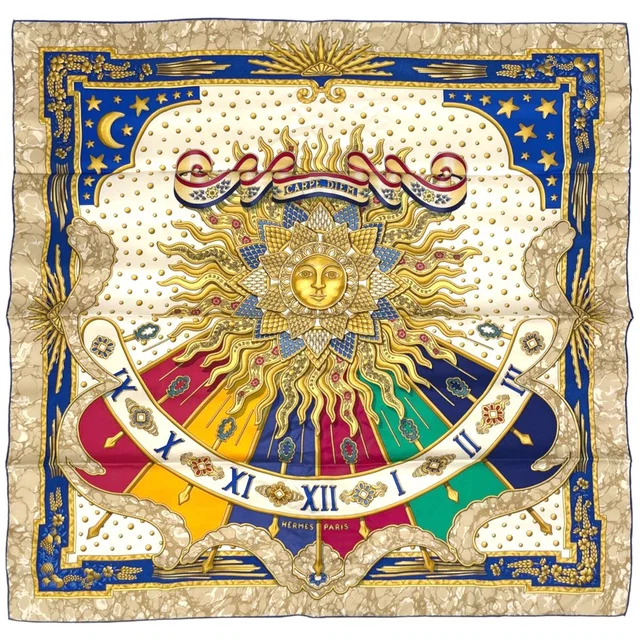 Hermès Carre 90 Carpe Diem Scarf Enjoy Your Day Sun Moon Silk Blue Multicolor in Blue Silk from The Reluxe