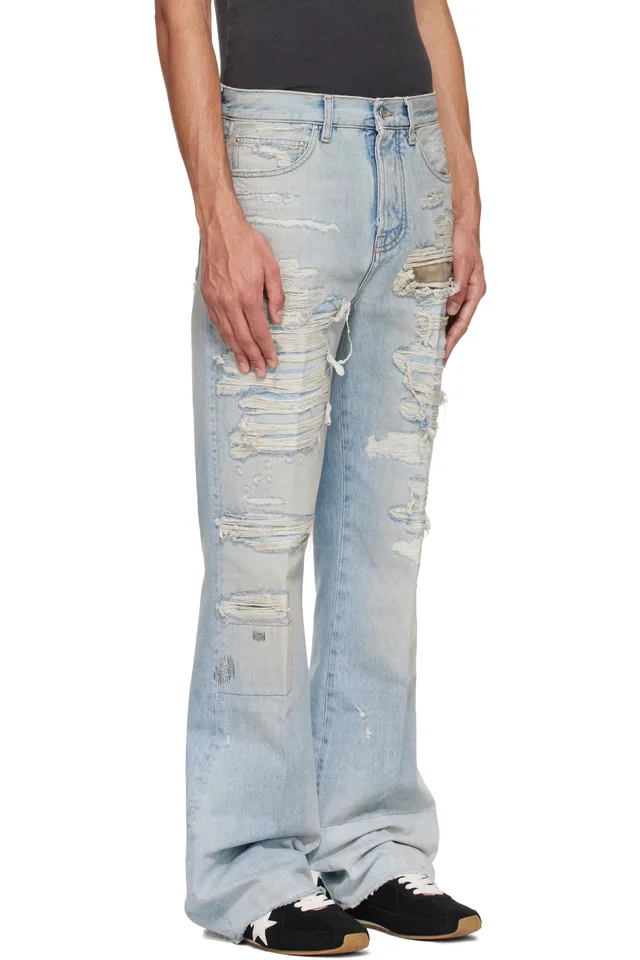 AMIRI Blue Camo Repair Boot Cut Jeans, photo 2 of 4 from SSENSE