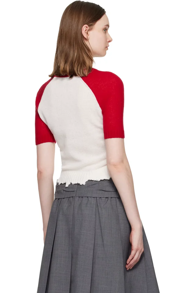 SHUSHU/TONG White & Red Color-Block Raw-Edge Short-Sleeve Knit Top, photo 3 of 4 from SSENSE