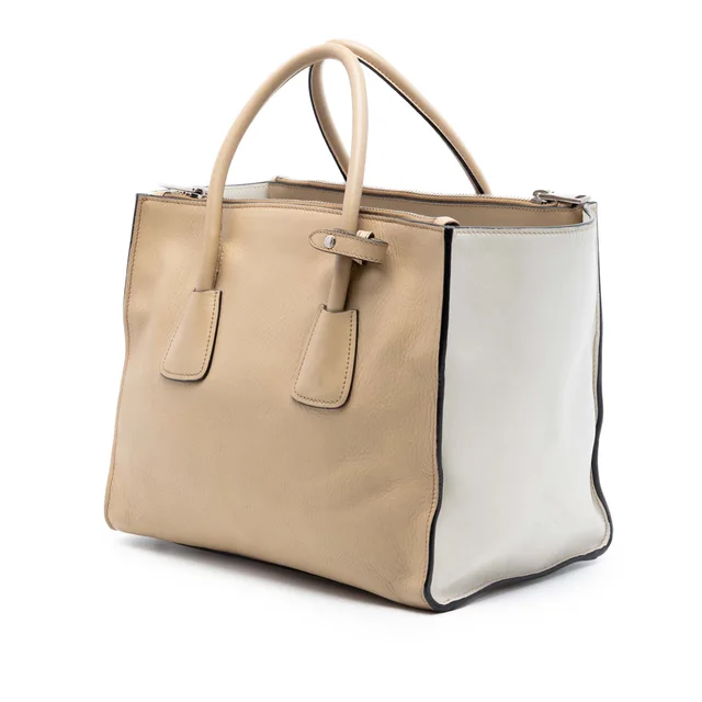 Prada Beige Bicolor Glace Calf Twin Pocket Double Handle Satchel in White Leather from Designer Revival, photo 2 of 6