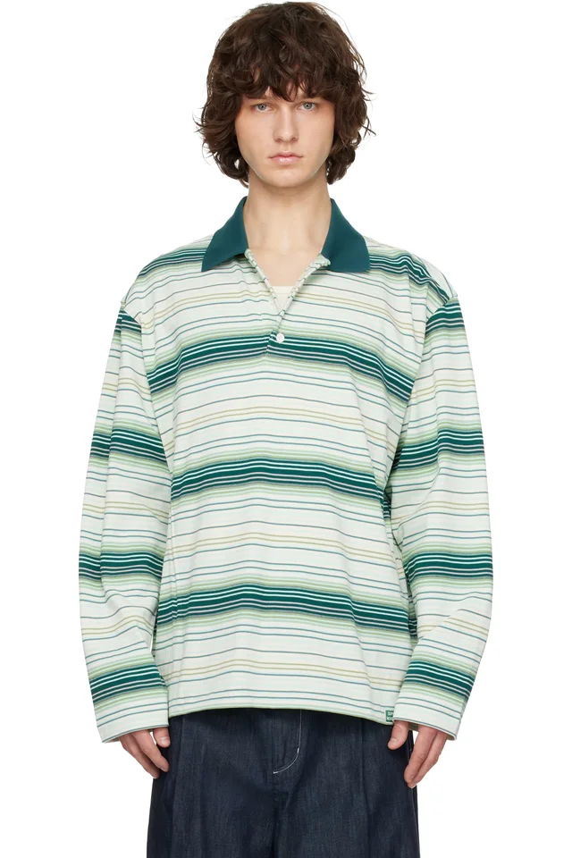 Solid Homme Green Striped Drawstring Collar Neck Long Sleeve Polo, image 1 of 1 from SSENSE