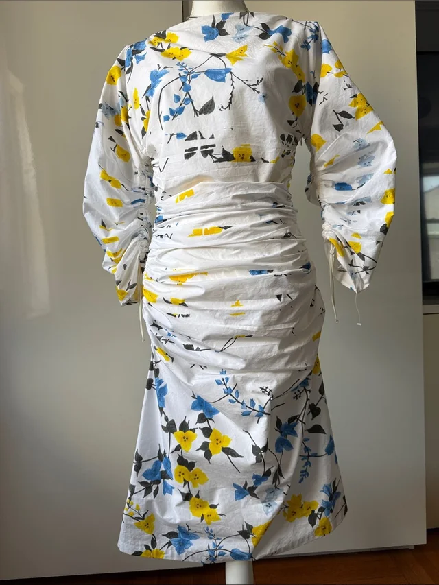 Salvador Ferragamo White Floral Ruched Midi Dress With Yellow & Blue in yellow|white from Poshmark