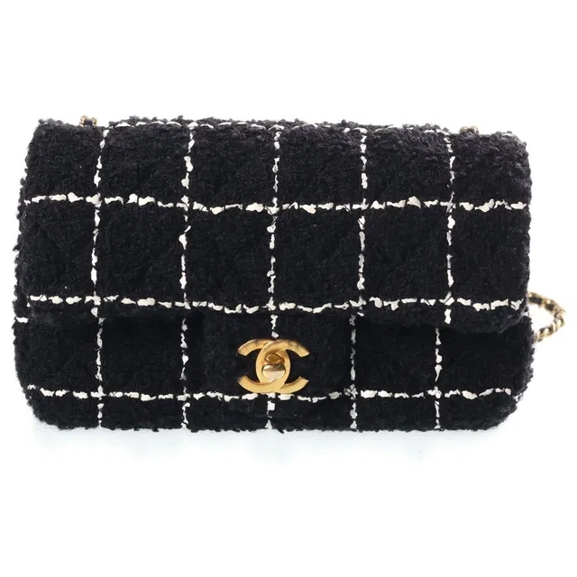 Chanel Mini Quilted 20 Tweed Chain Shoulder Bag Gold Black in Black Tweed from The Reluxe