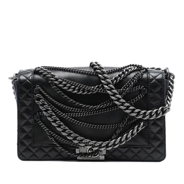 Black Chanel Paris Dallas Medium Lambskin Enchained Boy Flap Crossbody Bag in Black Lambskin from Designer Revival