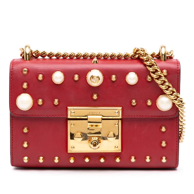 Red Gucci Small Pearl Studded Leather Padlock Crossbody in Red Leather from Designer Revival