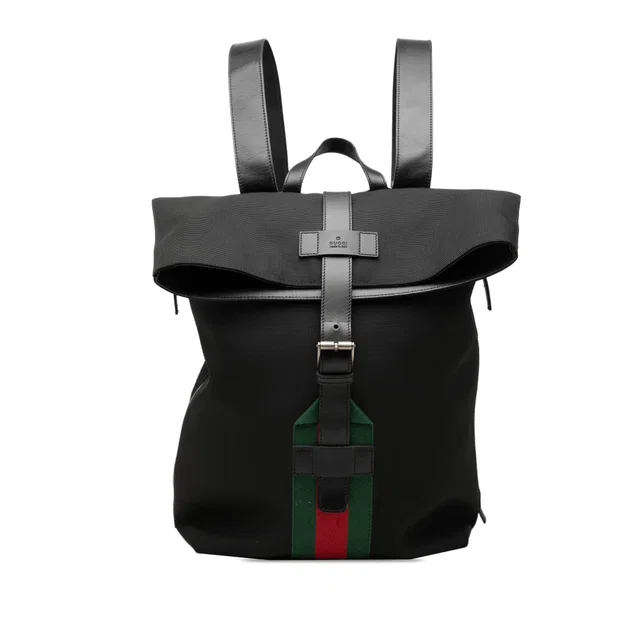 Black Gucci Canvas Techno Web Fold Over Backpack in Black Canvas from Designer Revival