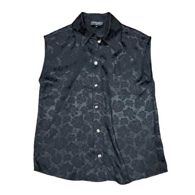 Chanel Black Jacquard fabric with floral pattern Tops in Black Woven leather from HEWI