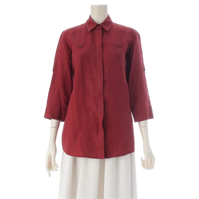 Loro Piana Linen Logo Button Long Sleeve Shirt 3/4 Bordeaux in Burgundy from The Reluxe