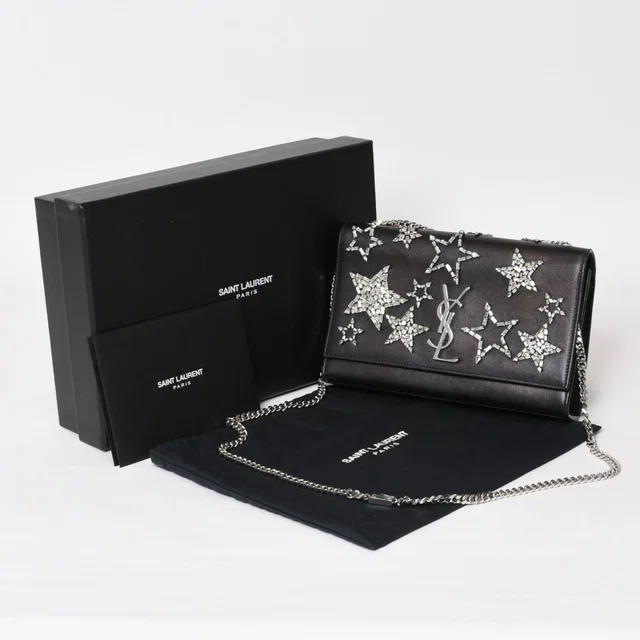Shoulder Bag YSL Logo Star Studs Leather Gold Black in Black Leather from The Reluxe