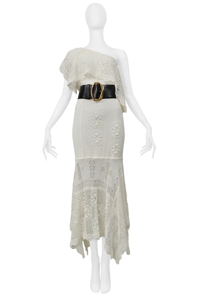 Alexander McQueen White Knitted Dress With Black Belt And Gold Buckle 2020 in Black from Resurrection Vintage