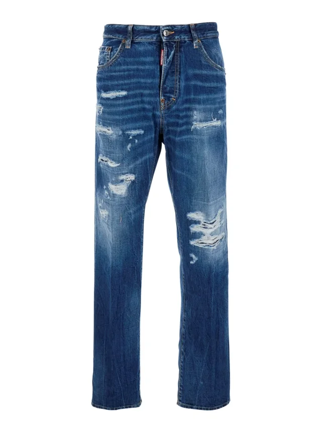 Dsquared2 '642' Blue Jeans with All-Over Ripped Details and Logo Patch on the Back in Denim for Men in Blue 100% Cotton from Gaudenzi Boutique, photo 1 of 1