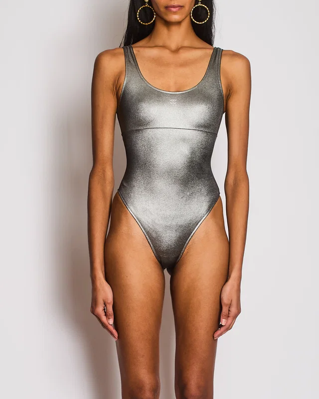Chanel Silver Metallic One-Piece Swimsuit with Diamante CC Detail Size FR 34 (UK 6) in Silver from Sellier