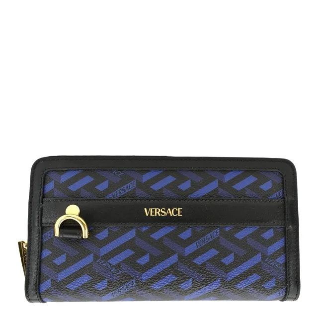Versace La Greca Coated Canvas Long Zip Wallet Blue in Blue Coated canvas from Dallas Designer Handbags