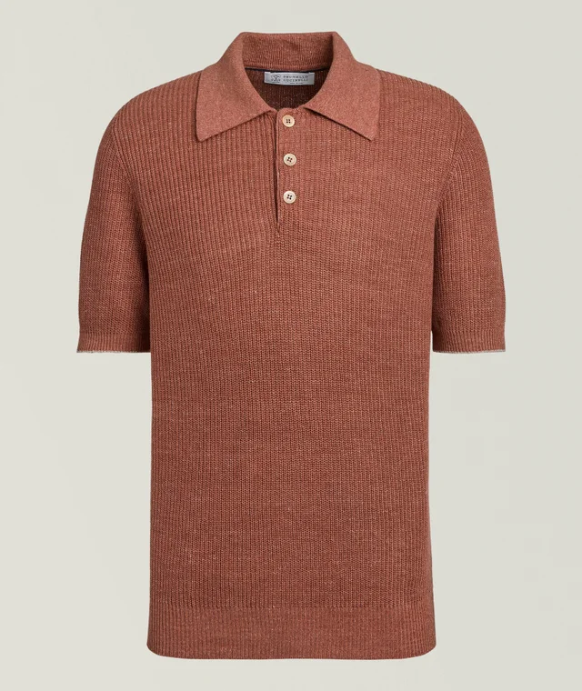 Brunello Cucinelli Ribbed Linen-Cotton Polo Sweater in Pink Linen & Linen Blends from Harry Rosen, photo 1 of 1