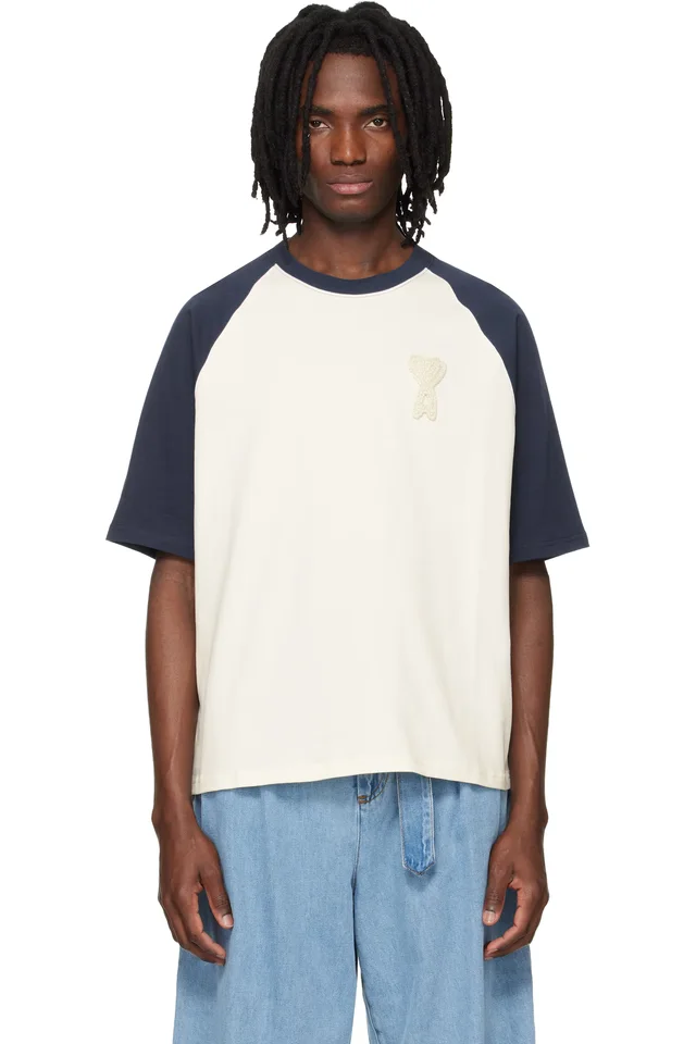 White & Blue Cotton Ami de Coeur Knitted Patch T-shirt