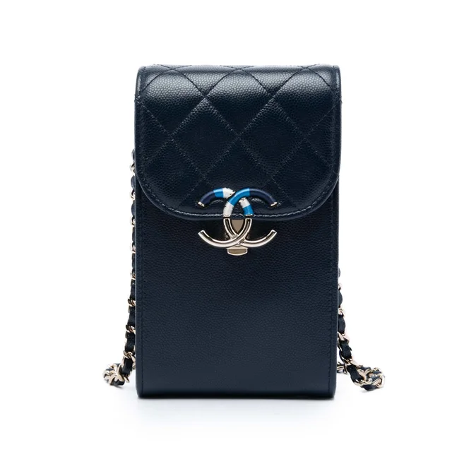 Blue Chanel Caviar Thread Around Phone Holder with Chain Crossbody Bag in Blue Caviar leather from Designer Revival