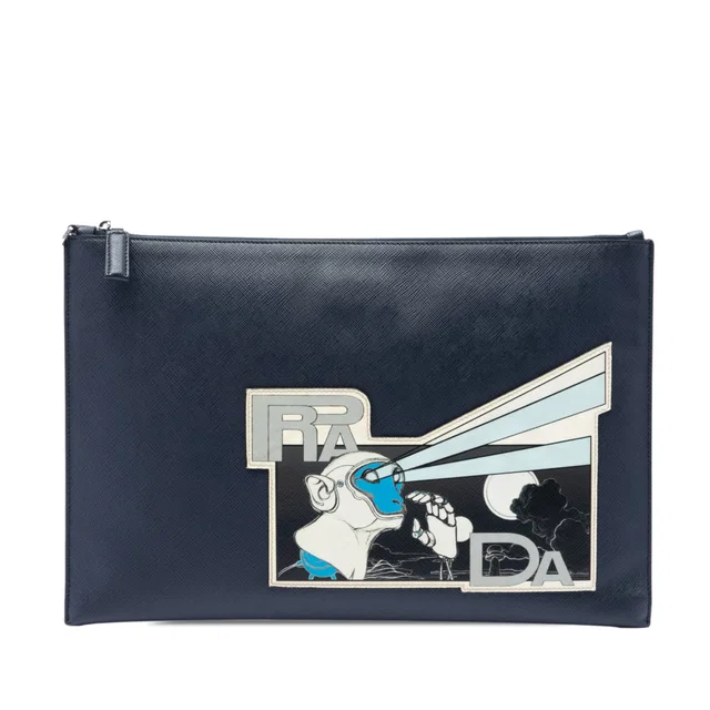 Blue Prada Saffiano Monkey Robot Clutch in Blue Saffiano leather from Designer Revival
