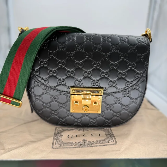 Gucci Black Guccissima Padlock Messenger Crossbody/Shoulder Bag (NEW) in Black Calfskin from SparklesnDreams