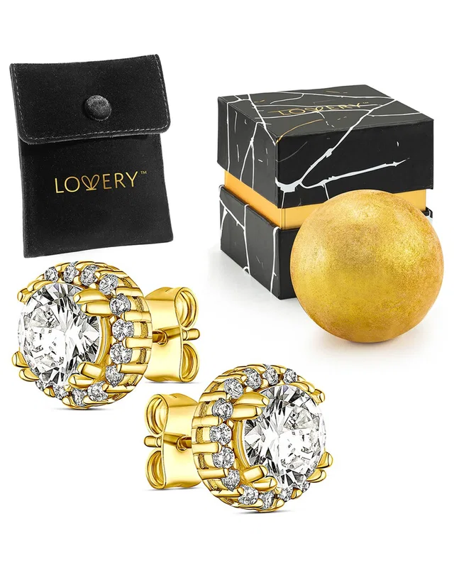 Lovery 14k Plated Halo CZ Stud Earring Set with Pouch, Bath Bomb & Gift Box, image 1 of 1 from Rue La La