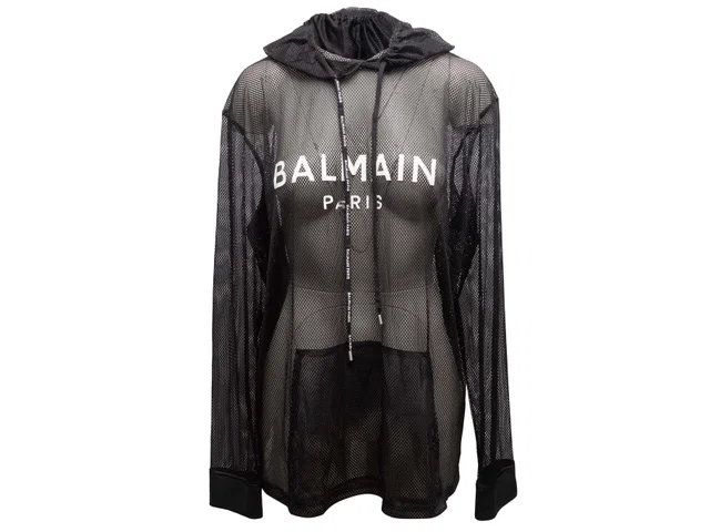 Black & White Balmain Sheer Mesh Hooded Top Size US M in Black from Designer Revival