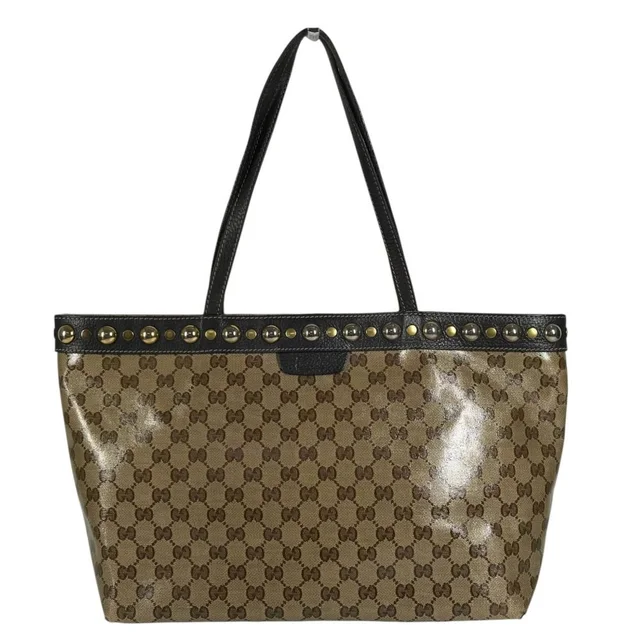Gucci Shoulder Bag Logo Studs GG Crystal Leather Beige in Beige Leather from The Reluxe