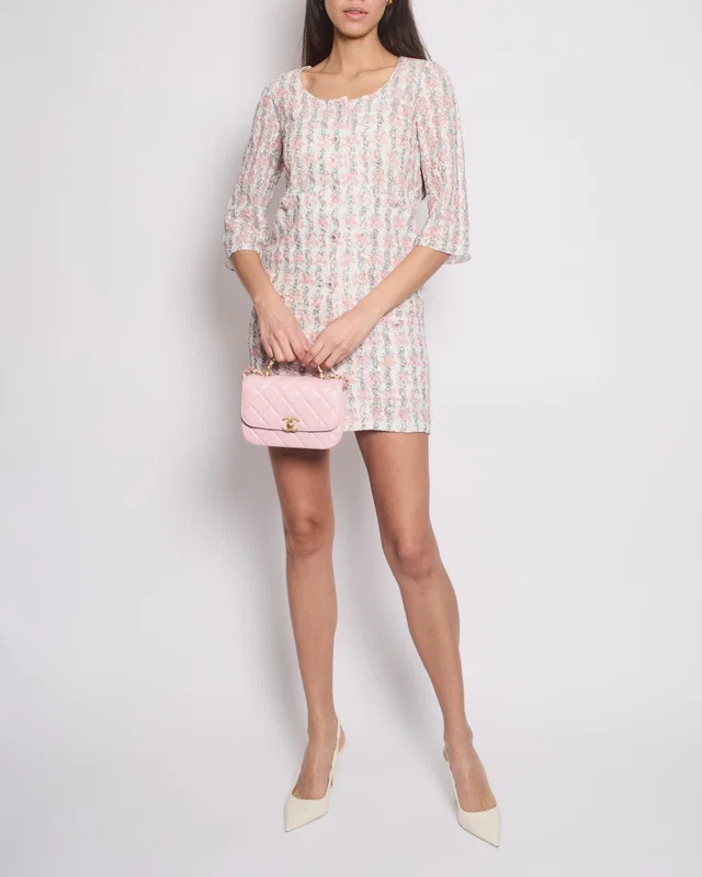 HOT* Chanel 23C Pink & White 3/4 Sleeve Dress with Floral Lace Detail & Crystal Buttons Size… in White from Sellier