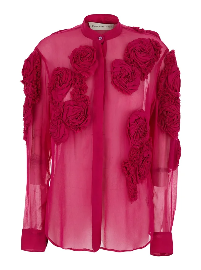 DRIES VAN NOTEN Fuchsia Shirt with Mandarin Collar and 3D Floral Embroidery All-Over in Silk for Women, photo 2 of 6 from Gaudenzi Boutique