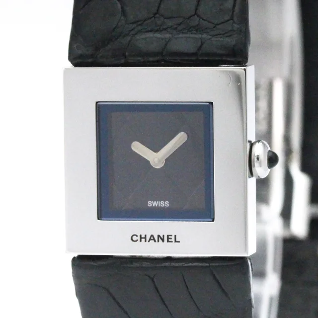 Chanel Matelasse Steel Leather Quartz Ladies Watch H0116 Polished in Black Leather from Elady