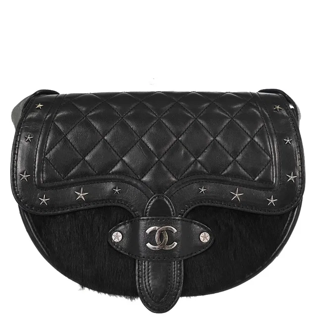 Chanel 2014 Black Calfskin Pony Hair Paris-Dallas Saddle Shoulder Bag in Black Calfskin from AMORE Vintage Tokyo