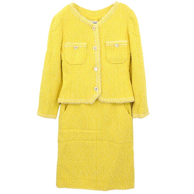 Chanel 1997 Setup Suit Jacket Skirt Tweed Yellow #36 in Yellow Tweed from AMORE Vintage Tokyo