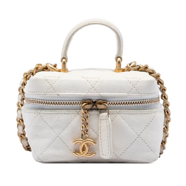 White Chanel Mini Caviar Chain Zip Around Vanity Case Satchel in White Caviar leather from Designer Revival