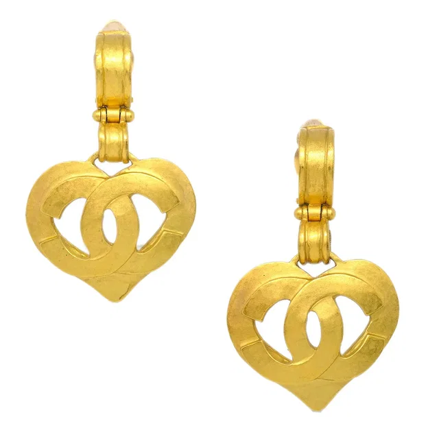 Chanel Dangle Heart Earrings Clip-On Gold 95P in Gold from AMORE Vintage Tokyo