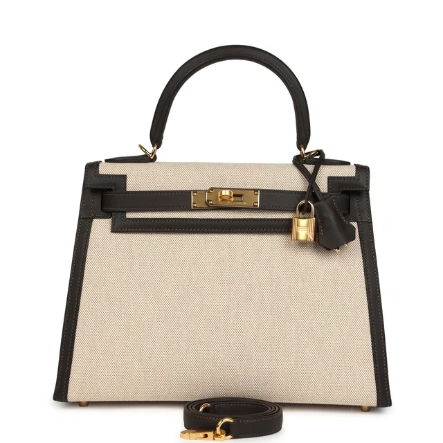 Hermès Kelly Sellier 28 Bai Brun Swift and Ecru-Beige Toile H Canvas Gold Hardware in Beige Swift leather from Madison Avenue Couture
