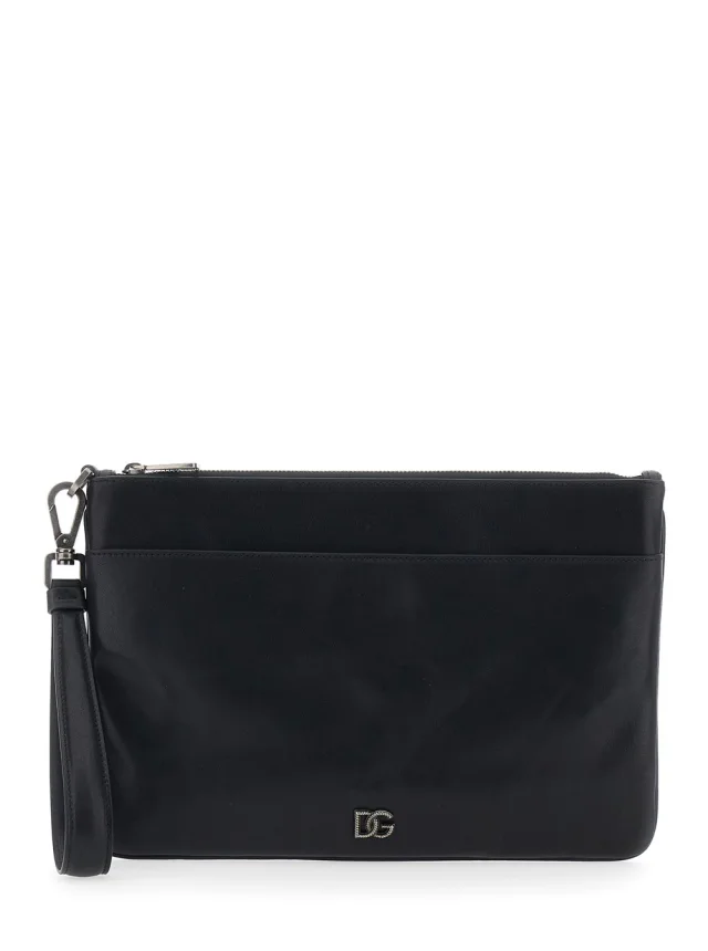 Black Clutch with Wrist Strap and Logo Plate in Leather for Men in Black, image 1 of 1 from Gaudenzi Boutique