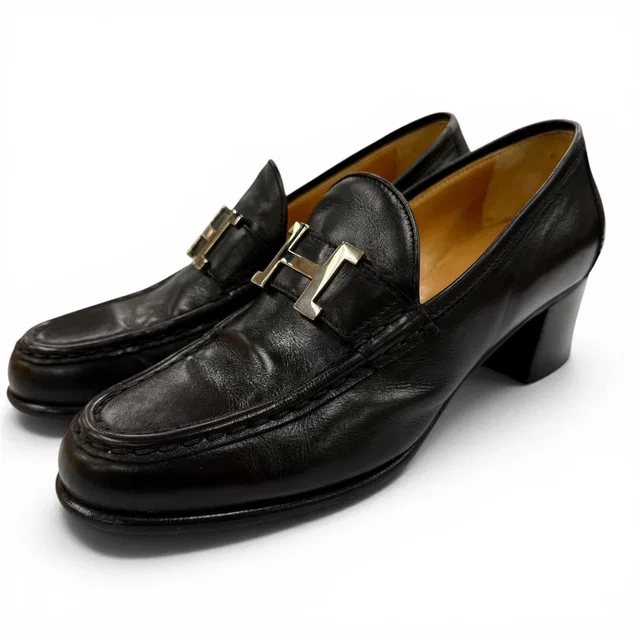 Hermès Constance Silver H Chunkyheels Leather Loafers Black in Black Leather from The Reluxe