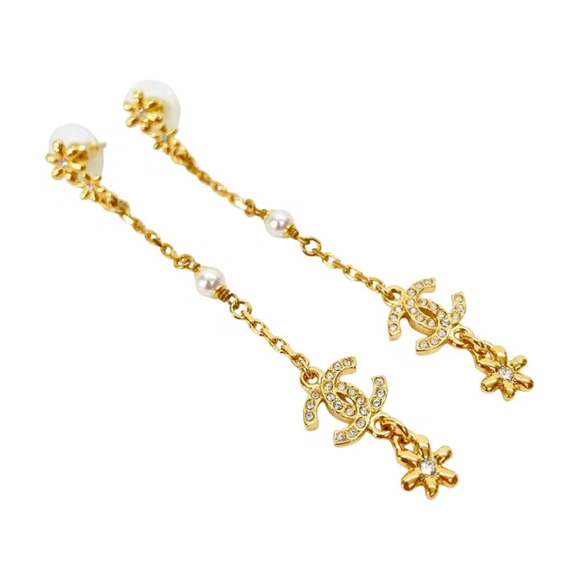 Chanel 23A CC Logo Flower Long Earrings Faux Pearl Rhinestone Gold in Gold from The Reluxe
