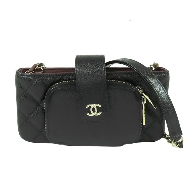 Chanel Phone Case Black Gold Caviar Leather Quilted CC Logo Chain in Black Caviar leather from The Reluxe