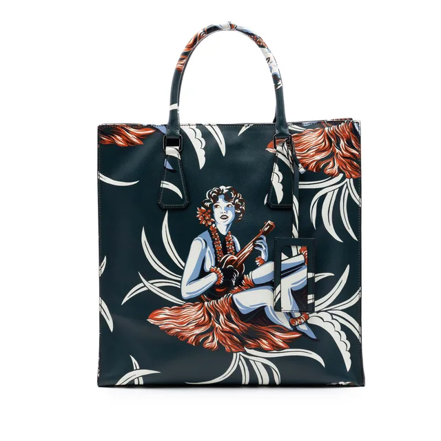 Green Prada Saffiano Hawaiian Print Tote in Green Saffiano leather from Designer Revival