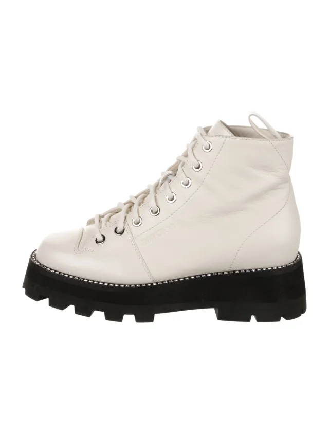 Jimmy Choo Leather Crystal Embellishments Lace-Up Boots in white Leather from The RealReal