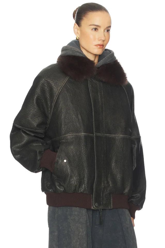 Helsa The Oversized Leather Bomber With Faux Fur Collar in Black, photo 2 of 4 from REVOLVE (Canada)