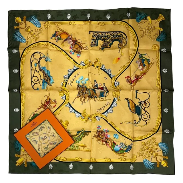 Hermès Scarf Silk Carre 90 Plumes Et Grelots Feathers And Bells Green in Green Silk from The Reluxe
