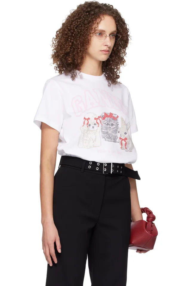 GANNI White Animals Print T-shirt, photo 2 of 5 from SSENSE