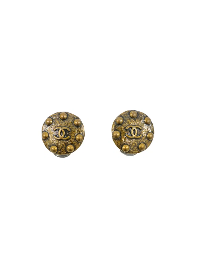 1997 Chanel Studded Brass Logo Earrings from Arcade Vintage