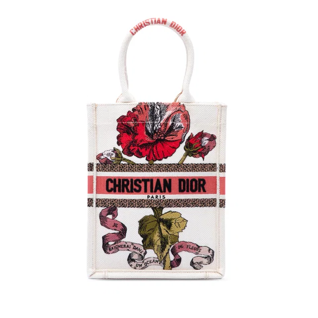 Brown Dior Embroidered Canvas Fleurs Bibliques Vertical Book Tote in Brown Canvas from Designer Revival