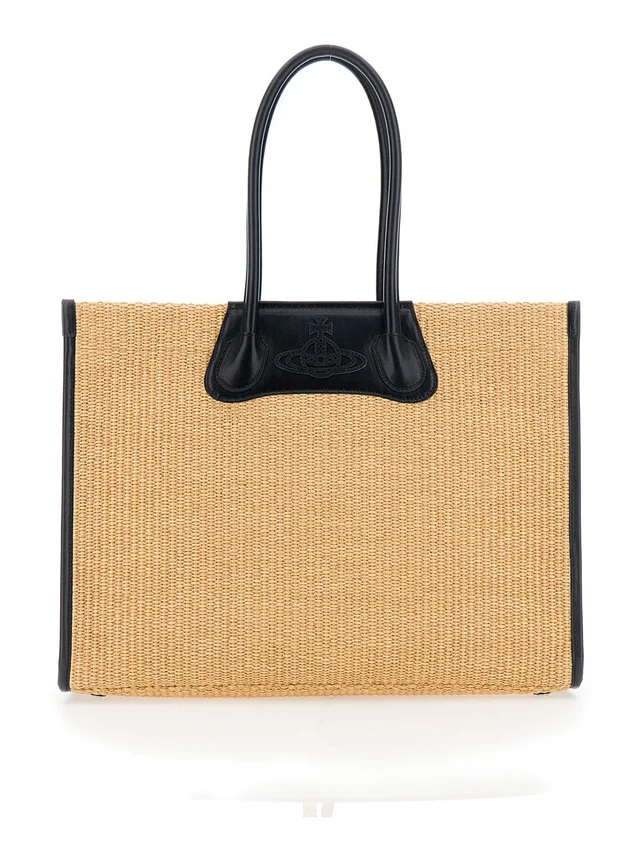 VIVIENNE WESTWOOD 'Troy' Beige Tote bag with Orb Logo Embossed on the Front and Raffia Effect in Cotton for Women in Beige 58% Cotton 42% Polyamide, photo 2 of 10 from Gaudenzi Boutique