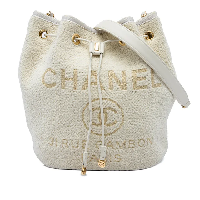 White Chanel Small Tweed Deauville Drawstring Bucket Bag in White Tweed from Designer Revival