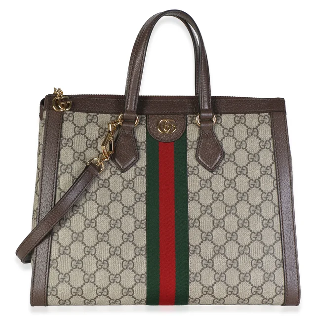 Gucci Beige GG Supreme Monogram Web Medium Ophidia Tote in Beige Canvas from myGemma
